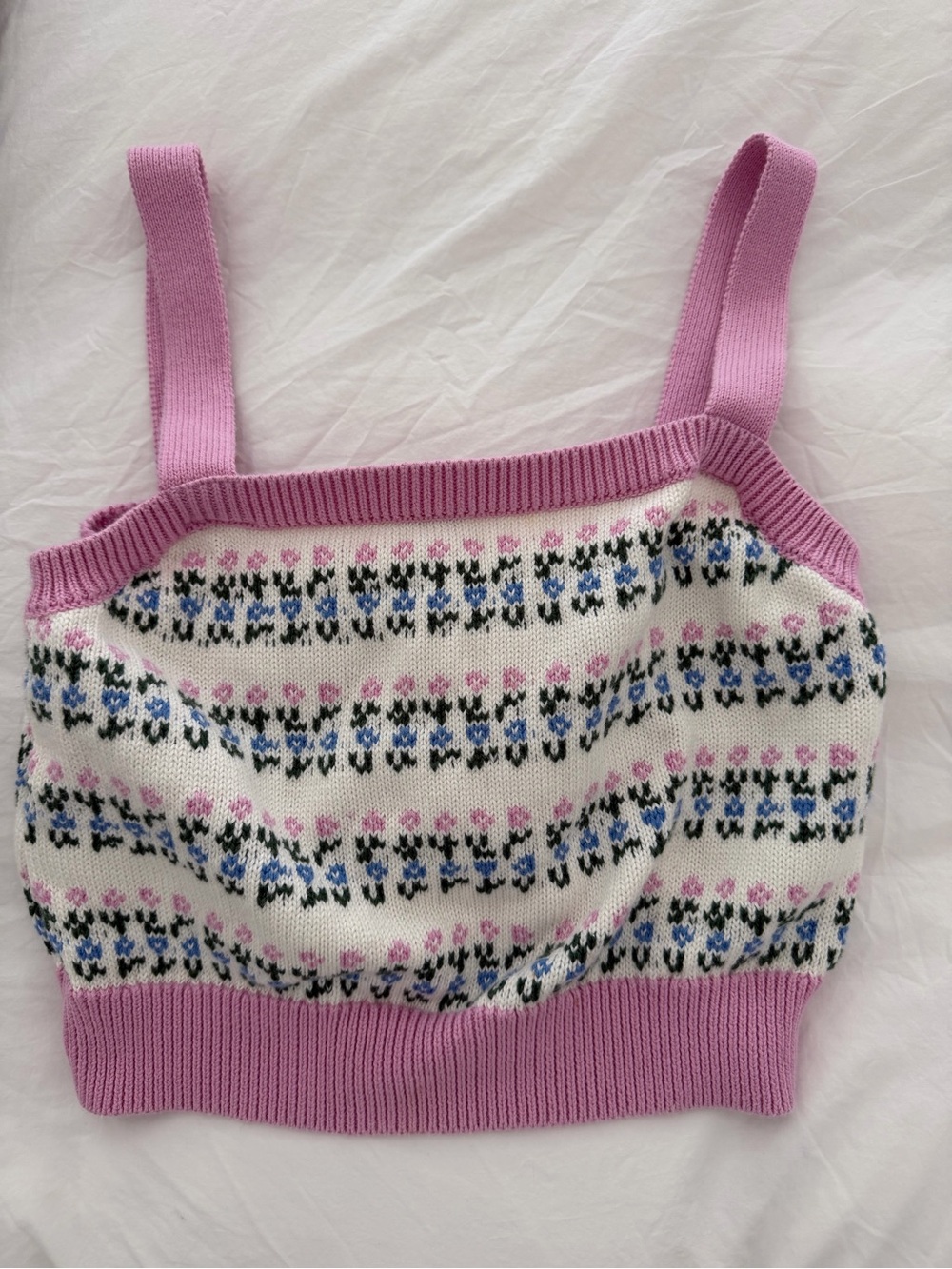 Floral Knit Crop Tank Top — Pink & White